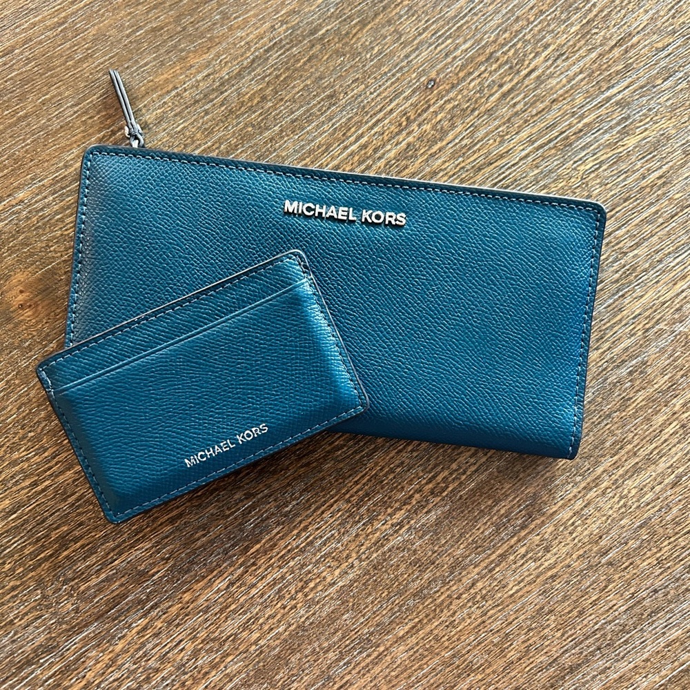 Michael Kors Teal Wallet and Card Holder Set